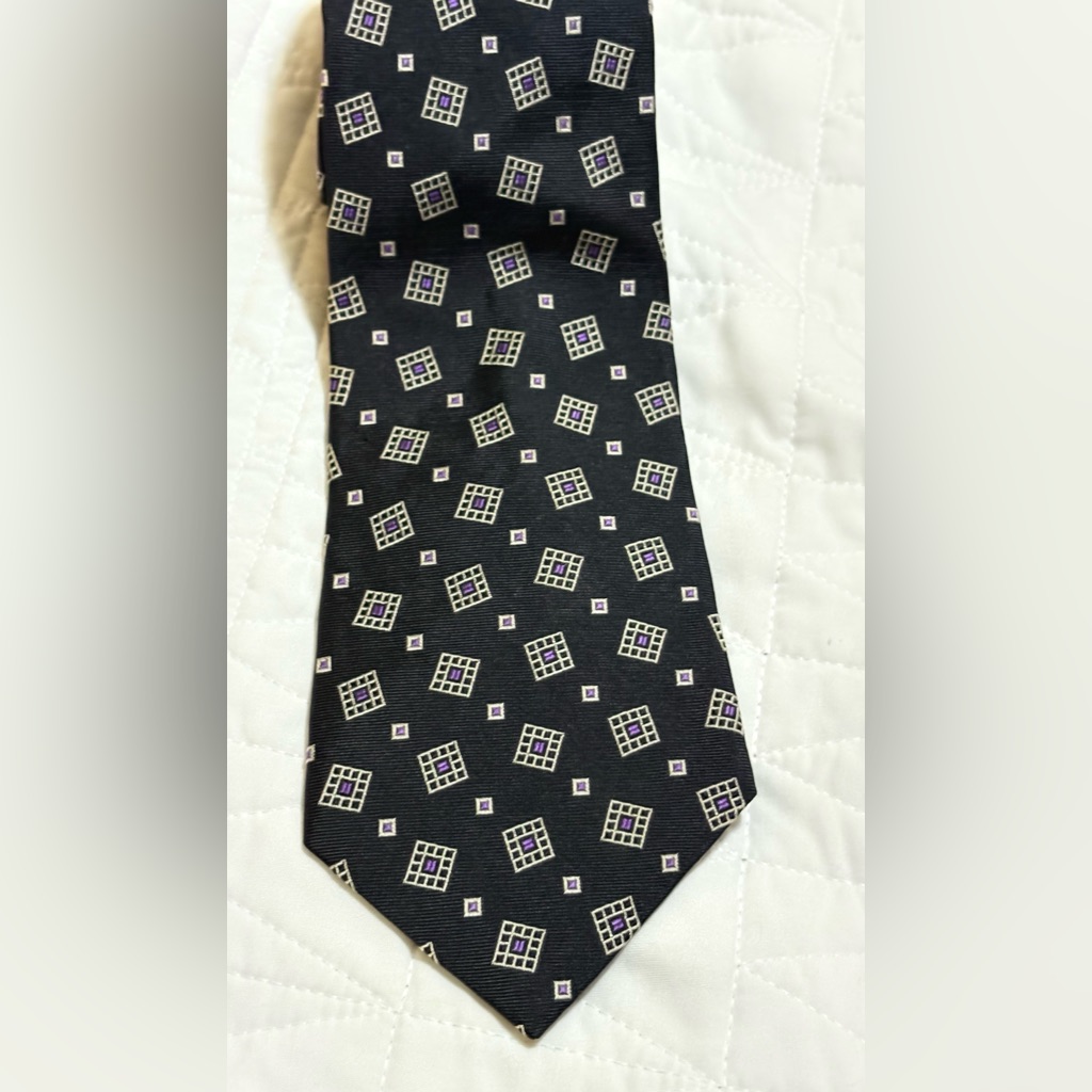 Ralph Lauren Silk Tie Black Purple Geometric Diamond Made In Usa Hand Finished